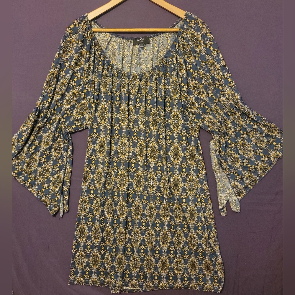 NAIF Blue and Gold Midi Dress with Relaxed Fit & Bell Sleeves. Size 3X